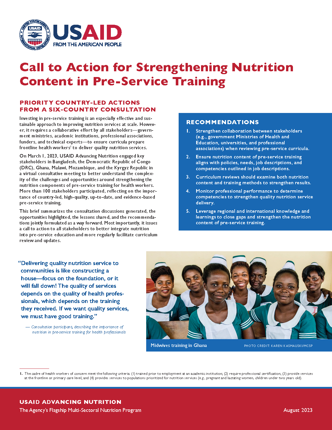 Cover page for Call to Action for Strengthening Nutrition Content in Pre-Service Training