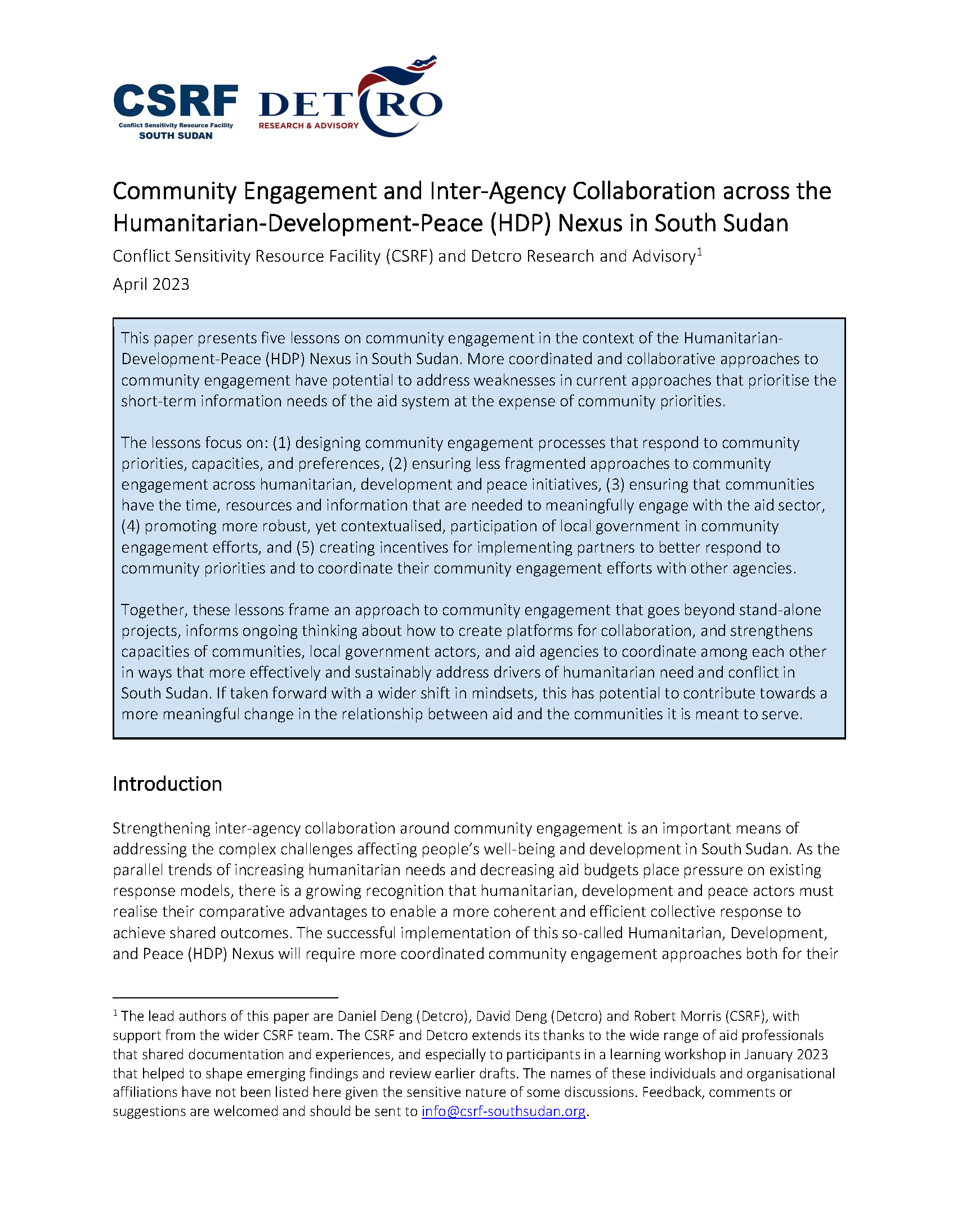 Page de couverture pour l'engagement communautaire et la collaboration inter-agences dans le cadre du lien entre l'humanitaire, le développement et la paix au Soudan du Sud