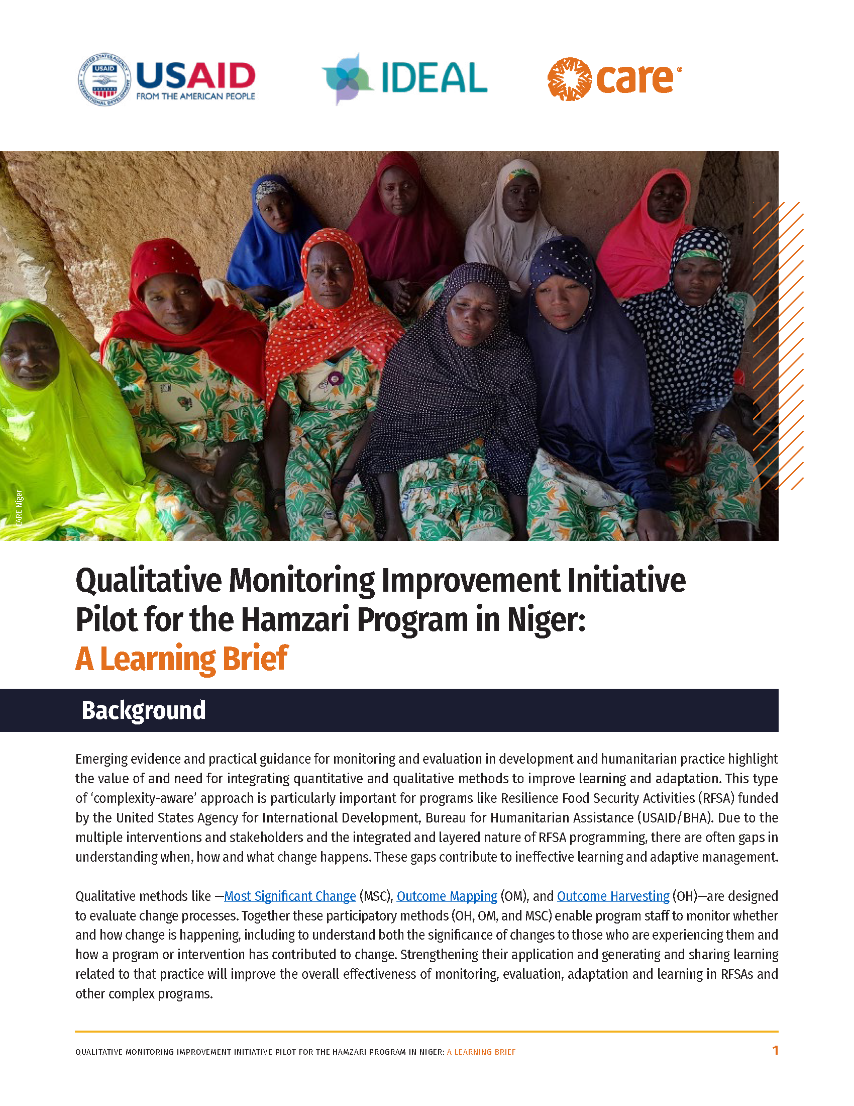 Page de couverture du projet pilote d'initiative d'amélioration du suivi qualitatif pour le programme Hamzari au Niger : une synthèse d'apprentissage