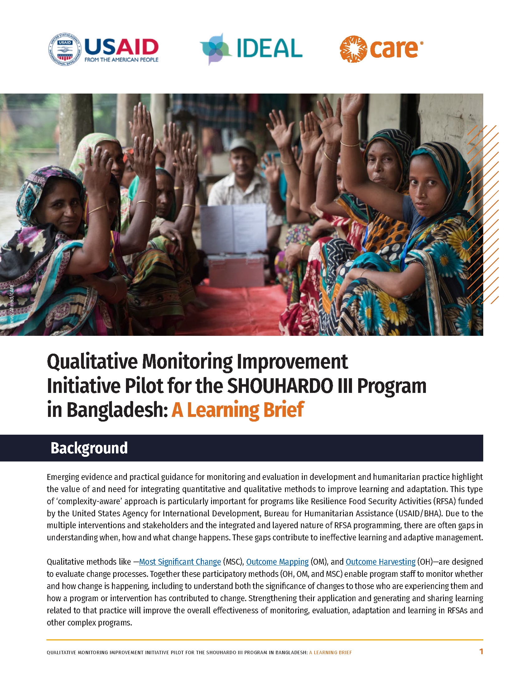 Page de couverture du projet pilote d'initiative d'amélioration du suivi qualitatif pour le programme SHOUHARDO III au Bangladesh : résumé d'apprentissage