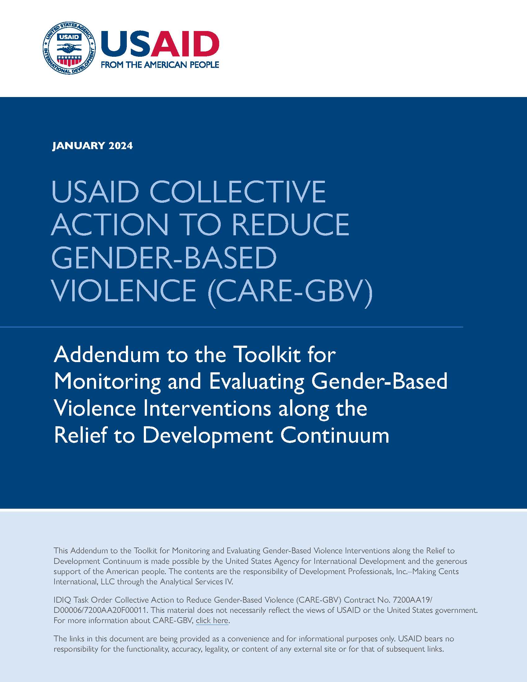 Page de couverture de l'Addendum à la Boîte à outils pour le suivi et l'évaluation des interventions contre la violence basée sur le genre tout au long du continuum secours-développement