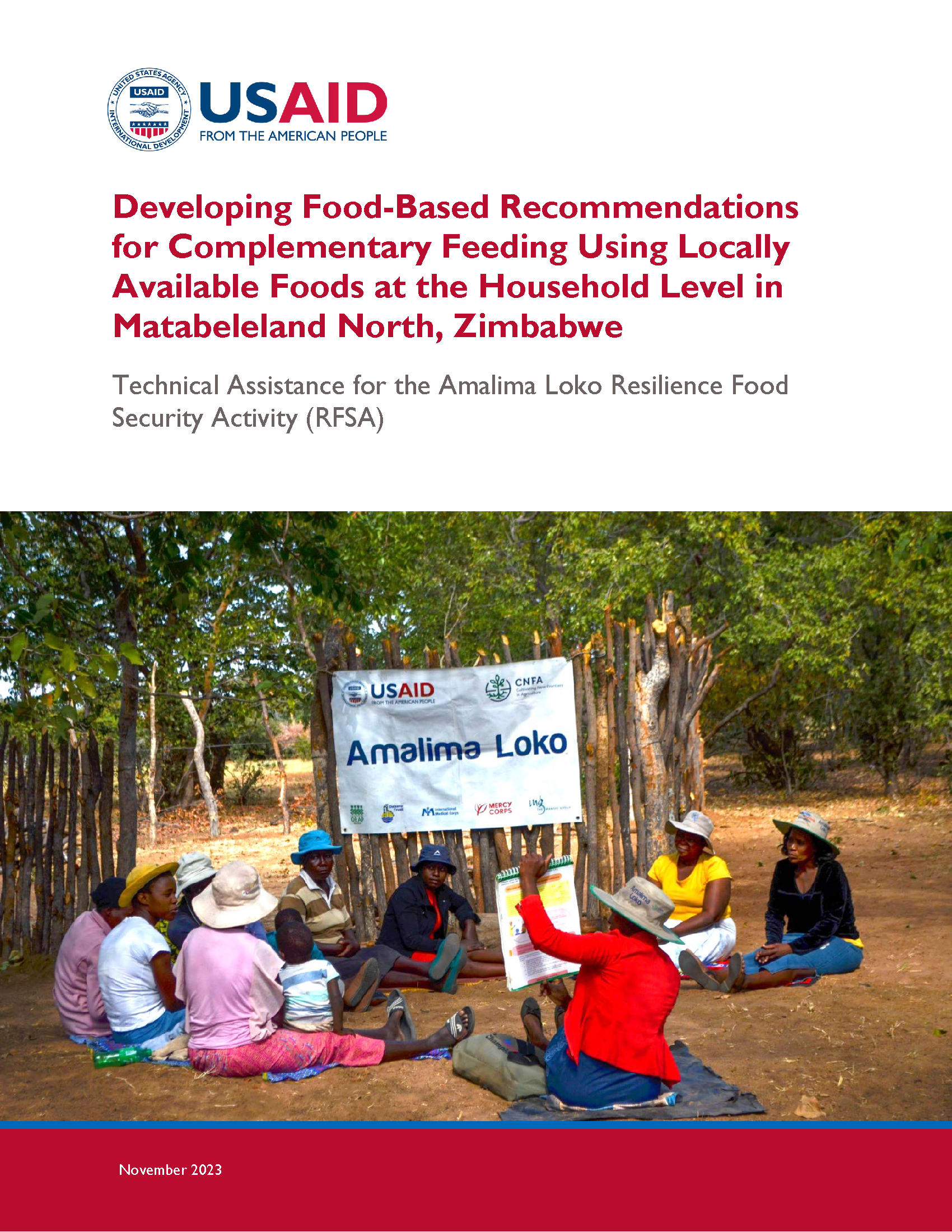Page de couverture pour l'élaboration de recommandations basées sur l'alimentation pour une alimentation complémentaire utilisant des aliments disponibles localement au niveau des ménages dans le Matabeleland Nord, Zimbabwe