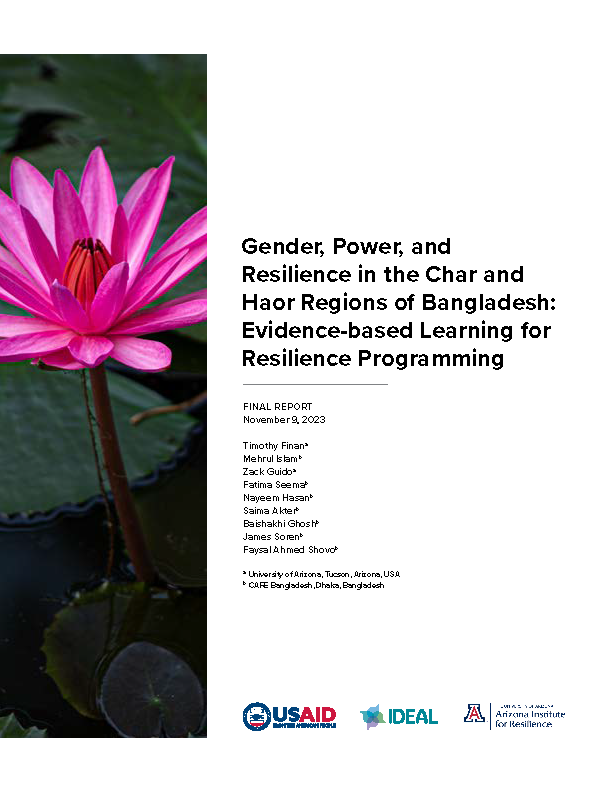 Page de couverture de Genre, pouvoir et résilience dans les régions de Char et Haor au Bangladesh : apprentissage fondé sur des données probantes pour la programmation de la résilience