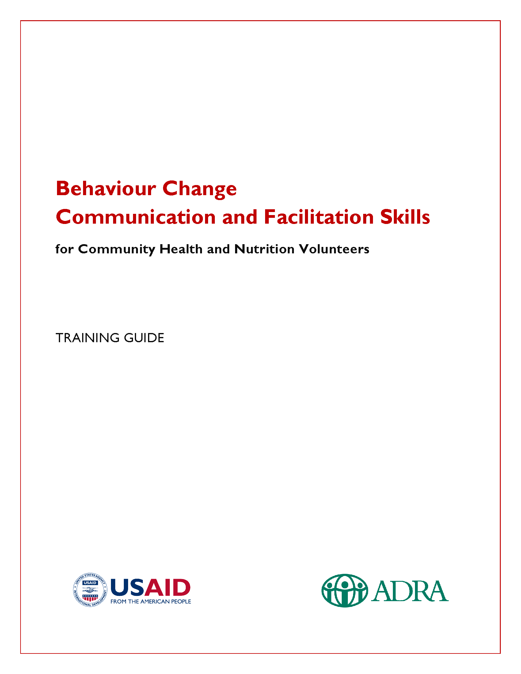 Page de couverture pour les compétences en matière de communication et de facilitation pour le changement de comportement pour les volontaires en santé communautaire et en nutrition