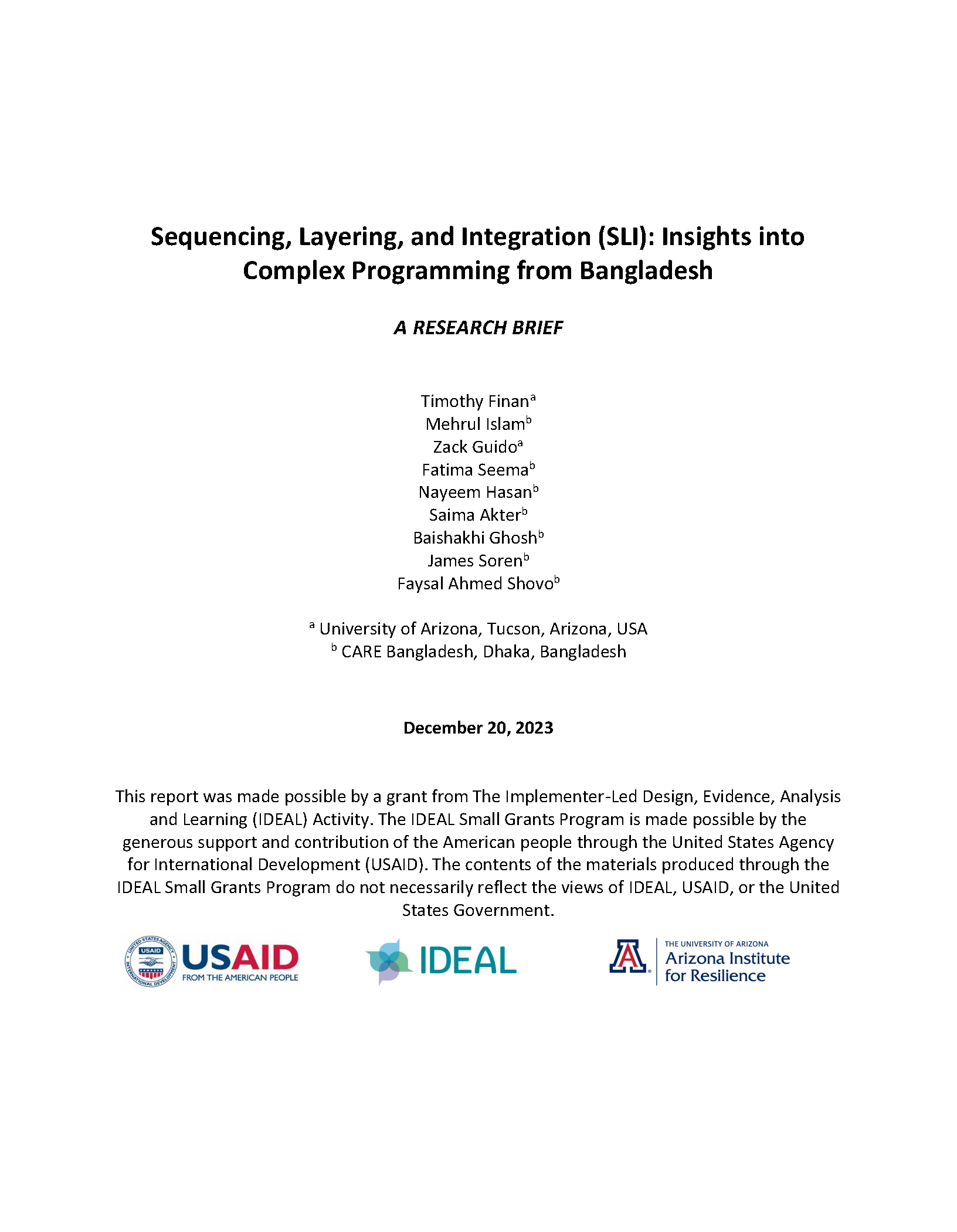 Cover page for Sequencing, Layering, and Integration (SLI): Insights into Complex Programming from Bangladesh
