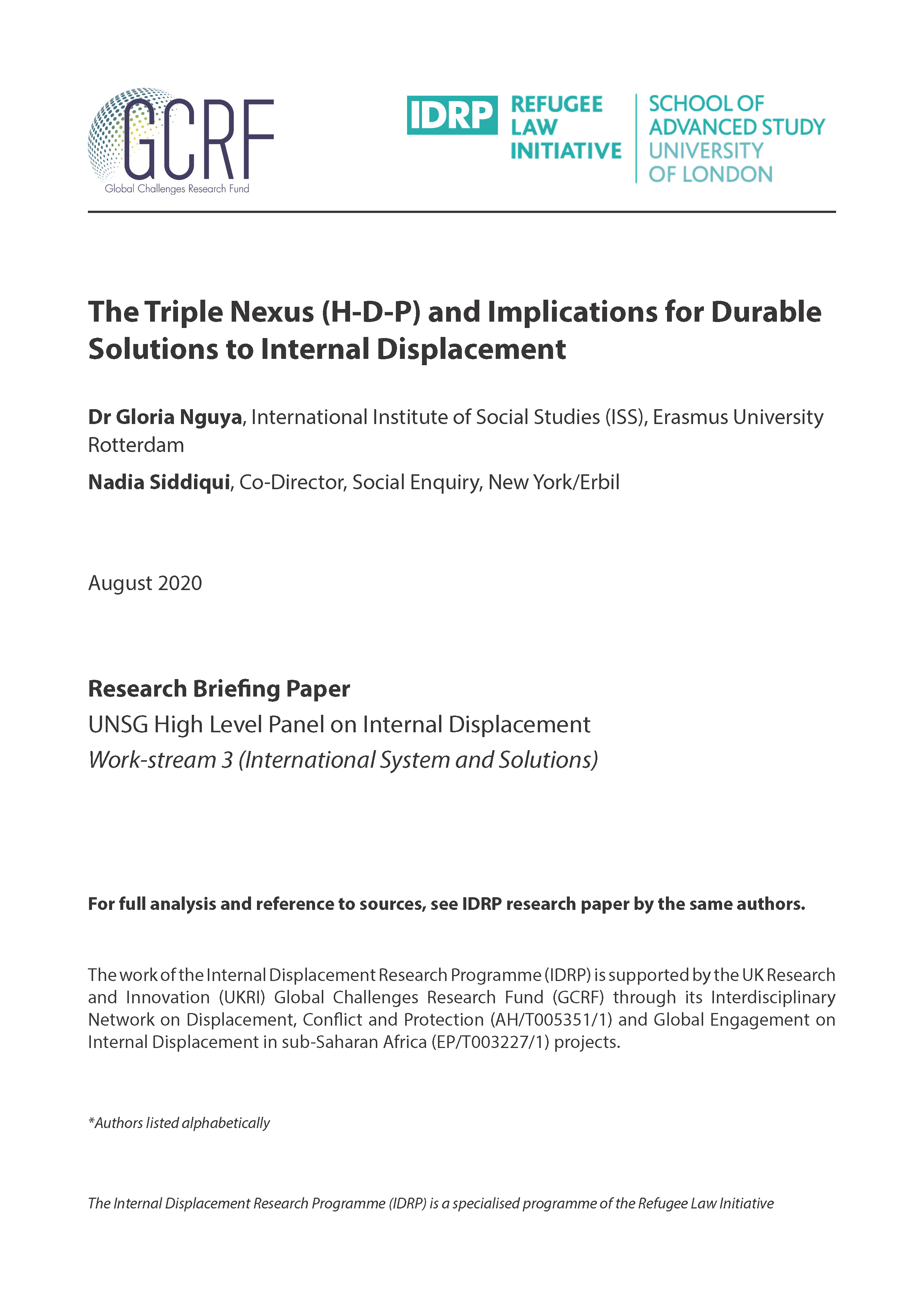 Cover page for The Triple Nexus and Implications for Durable Solutions to Internal Displacement