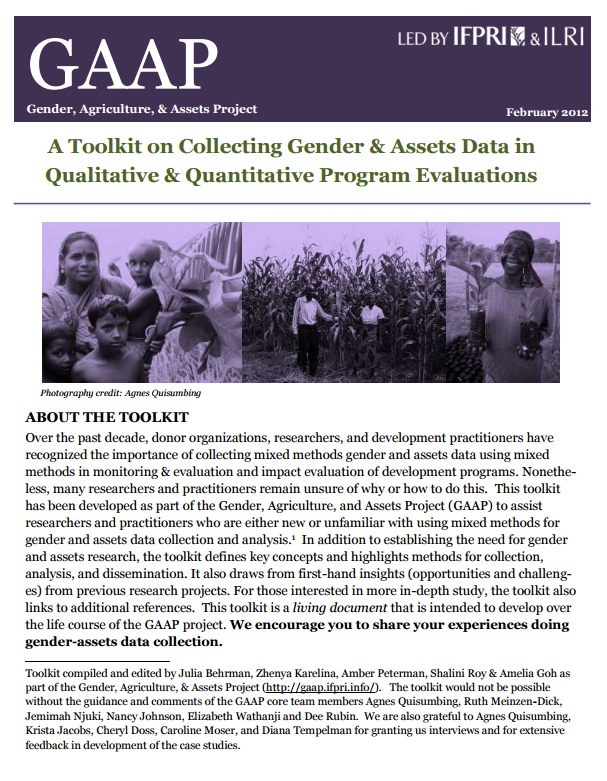 Télécharger la ressource : Projet GAAP sur le genre, l'agriculture et les actifs : une boîte à outils sur la collecte de données sur le genre et les actifs dans les évaluations de programmes qualitatives et quantitatives