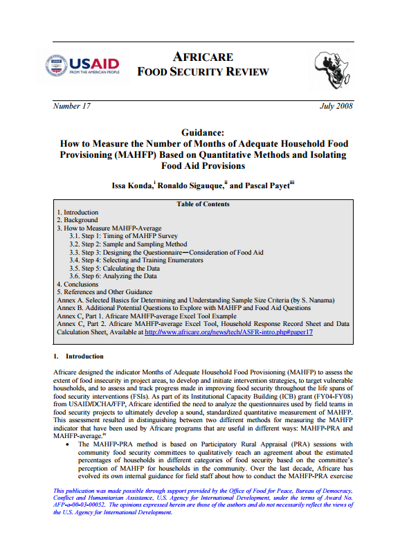 Download Resource: Guidance: How to Measure the Number of Months of Adequate Household Food Provisioning (MAHFP) Based on Quantitative Methods and Isolating
