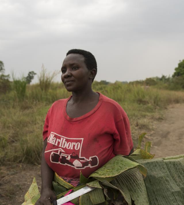 Woman and plantain leaves