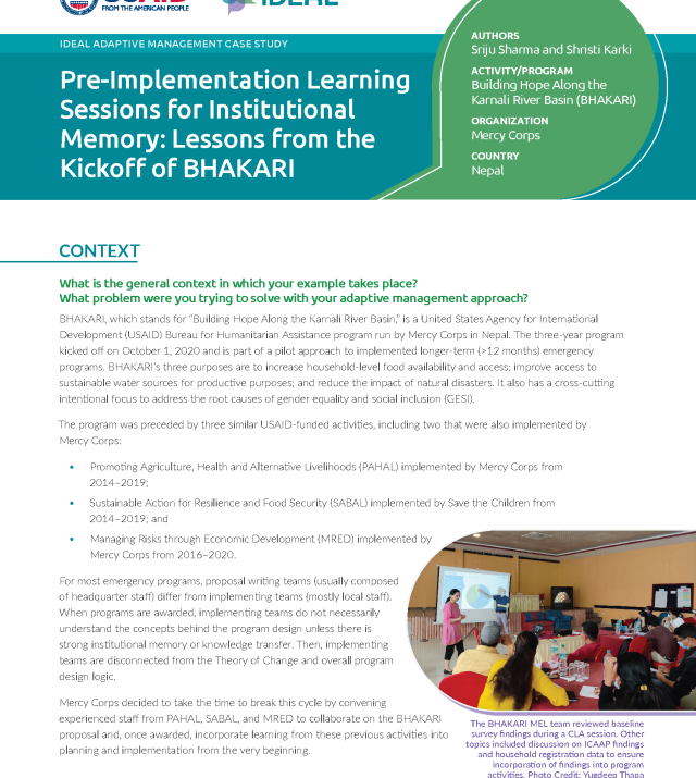 Page de couverture du document Sessions d'apprentissage préalables à la mise en œuvre pour la mémoire institutionnelle : leçons tirées du lancement de BHAKARI