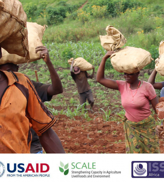 Photo of farmers tilling soil and carrying produce in sacks on a farm in Africa with USAID, SCALE, and ISSD logos at the bottom