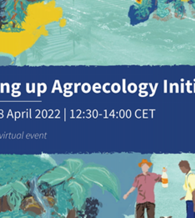 Graphic featuring a blue box with the text "Scaling up Agroecology Initiative, April 8, 2022" over an illustrated background depicting people interacting with each other, buying and selling food items