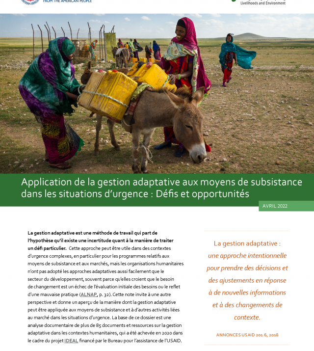 Page de couverture de Application de la gestion adaptative aux moyens de subsistance dans les situations d’urgence : Défis et opportunités