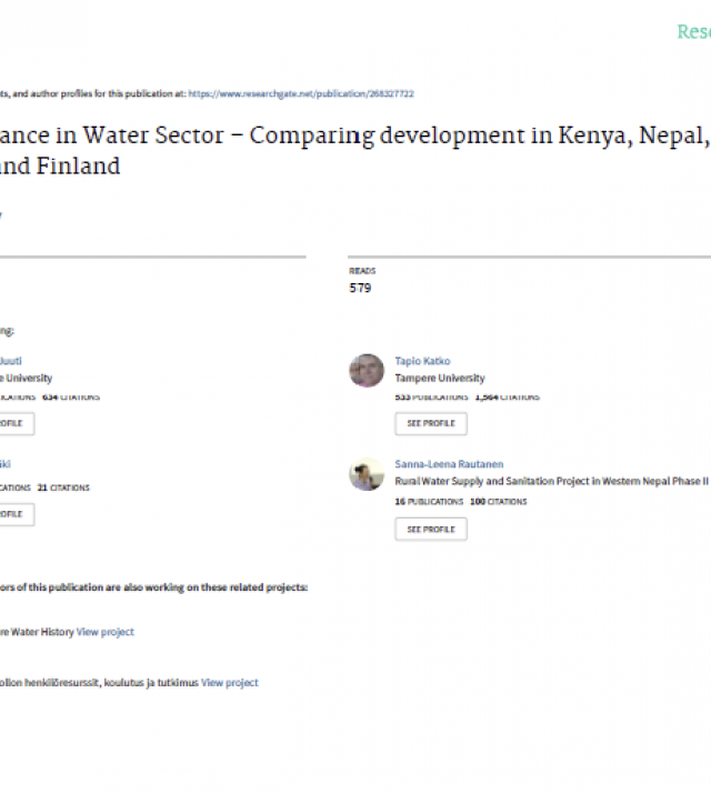 Cover page for Governance in Water Sector – Comparing development in Kenya, Nepal, South Africa and Finland