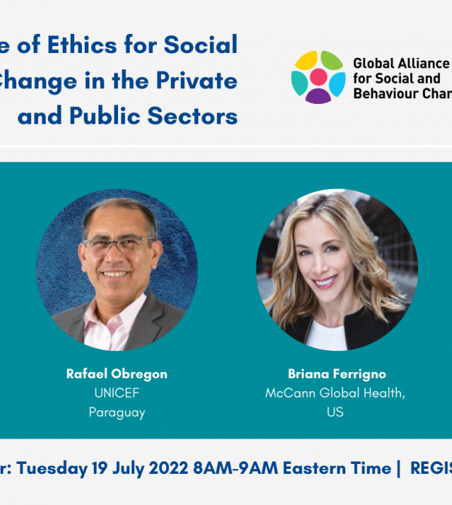Promo card for Setting the Code of Ethics for Social and Behavior Change in the Private and Public Sectors webinar , featuring speaker headshots and organizer logos