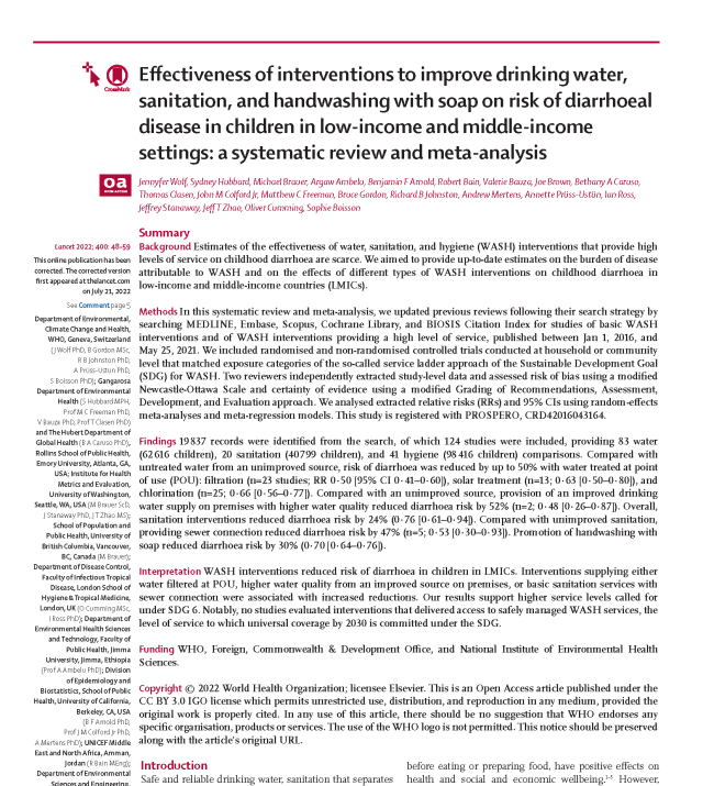 Cover page for Effectiveness of interventions to Improve Drinking Water, Sanitation, and Handwashing with Soap on Risk of Diarrheal Disease in Children in Low-income and Middle-income Settings
