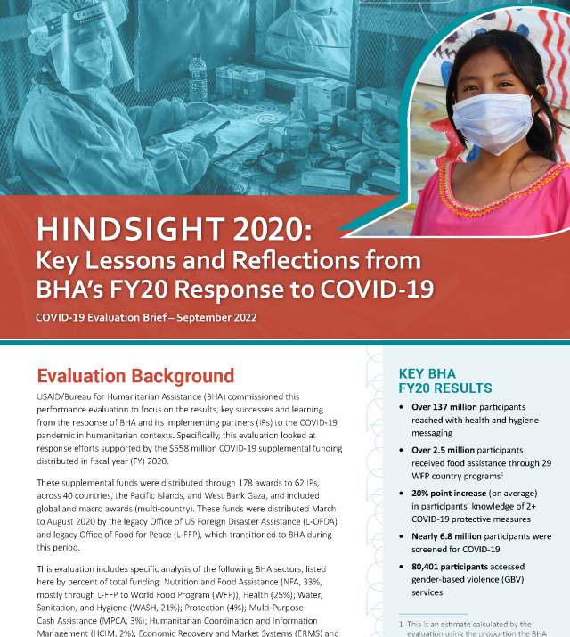 Cover page for Hindsight 2020: Key Lessons and Reflections from BHA’s FY20 Response to COVID-19