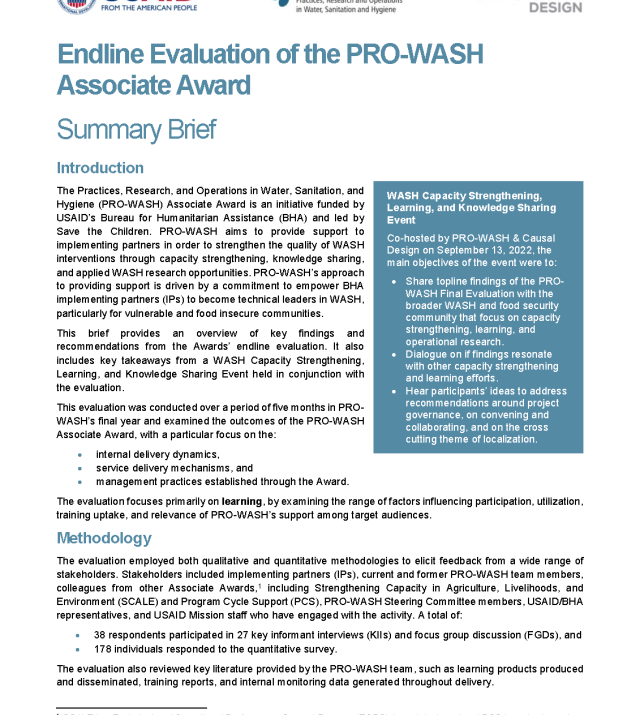 Page de couverture de la note de synthèse : évaluation finale du prix PRO-WASH Associate