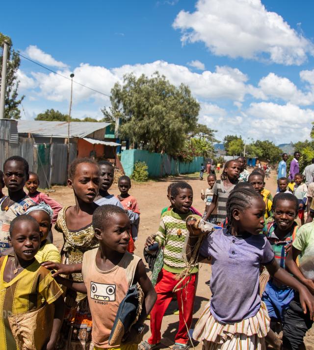 A group of children outside on a road lined by compound walls.