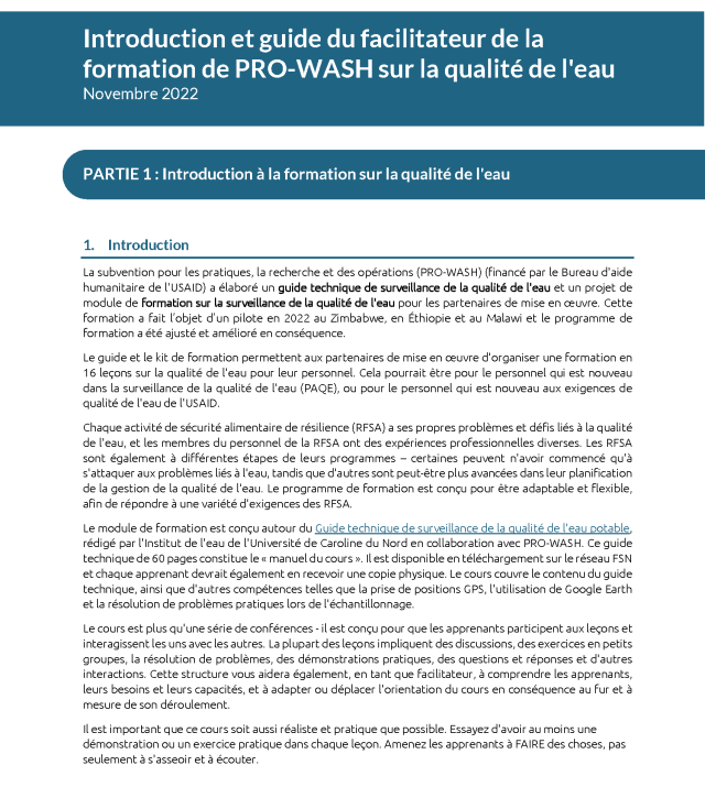Page de couverture pour Formation de PRO-WASH sur la qualité de l'eau