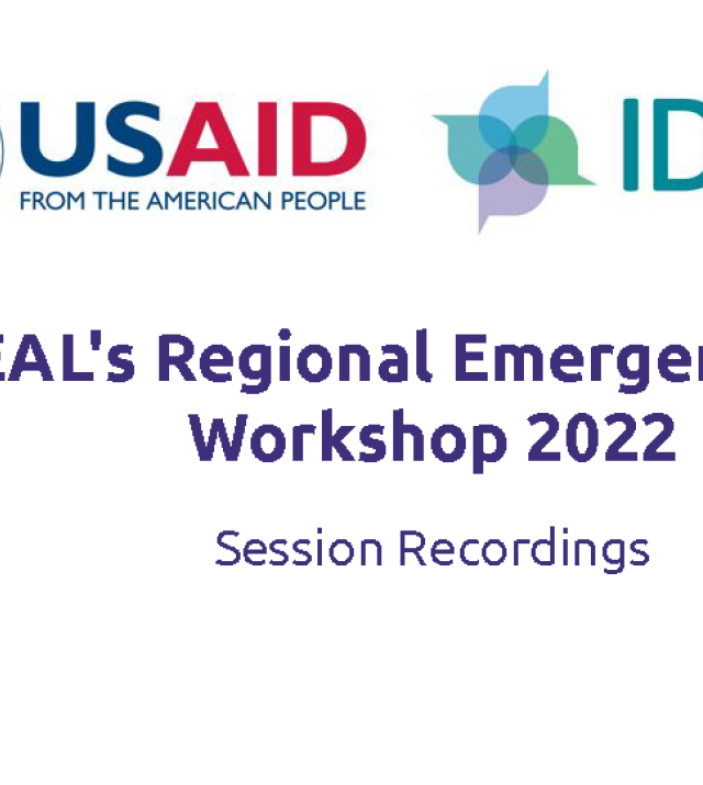 Promotional graphic with USAID and IDEAL logos with text IDEAL's Regional Emergency M&E Workshop 2022 Session Recordings