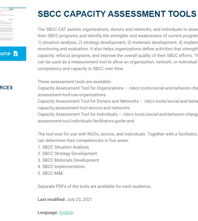 Screenshot of the SBC Capacity Assessment Tools website