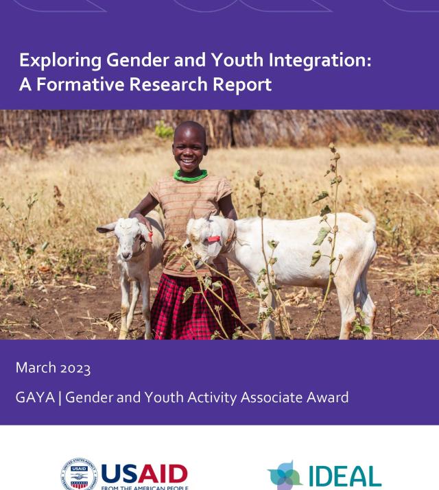 L'image de couverture a une photo d'une jeune fille avec des chèvres, elle dit "Exploring Gender and Youth Integration: A Formative Research Report" et a les logos USAID et IDEAL.