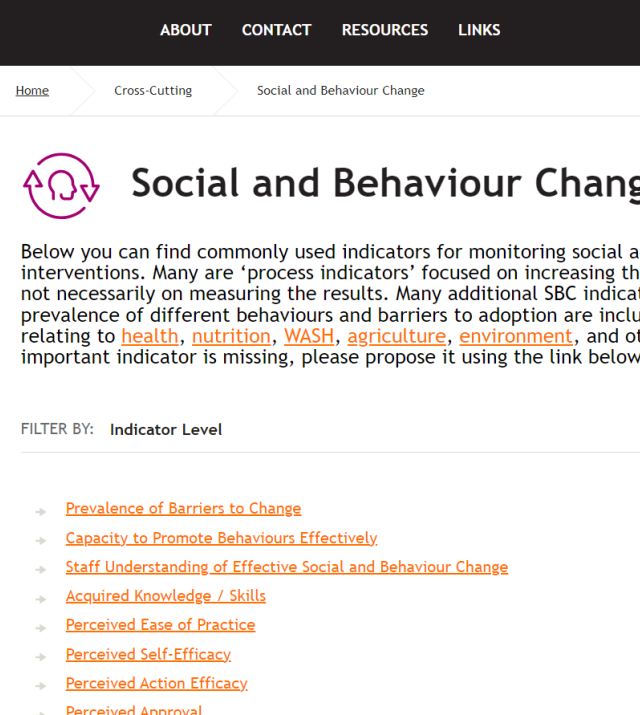 Screenshot of the Social and Behavior Change Indicators landing page