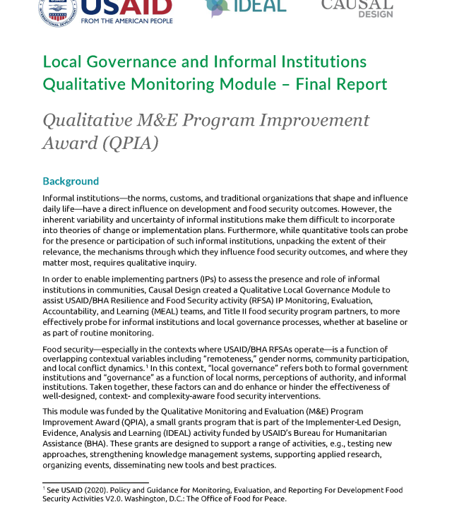 Cover page for Local Governance and Informal Institutions Qualitative Monitoring Module – Final Report