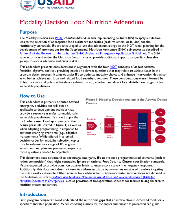 Cover page for Modality Decision Tool: Nutrition Addendum