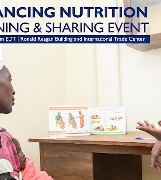 Promotional graphic for USAID Advancing Nutrition Global Learning and Sharing Event featuring two women in discussion.