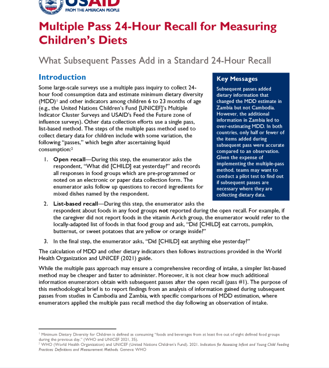 Cover page for Multiple Pass 24-Hour Recall for Measuring Children’s Diets