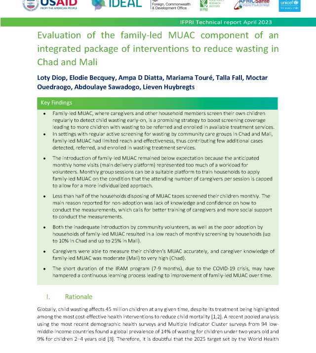 Cover page for Evaluation of the family-led MUAC component of an integrated package of interventions to reduce wasting in Chad and Mali