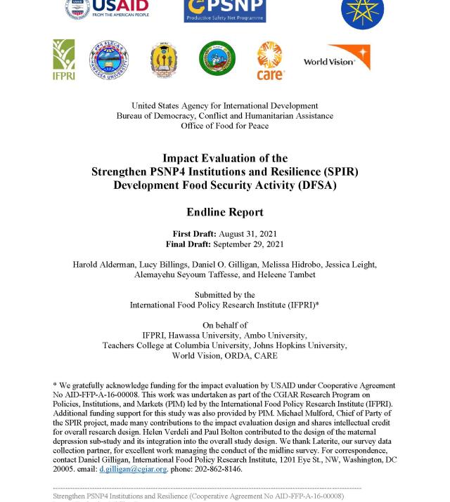 Cover Page for Impact Evaluation of the Strengthen PSNP4 Institutions and Resilience (SPIR) Development Food Security Activity (DFSA)