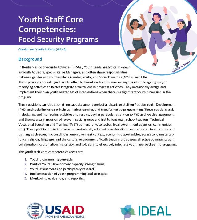 Report cover page, reading "Youth Staff Core Competencies: Food Security Programs" with a graphic of three people jumping. The other text on the page is not visible.