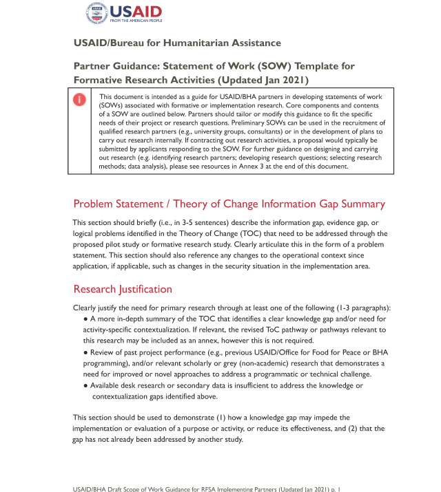 Cover page for Partner Guidance: Statement of Work (SOW) Template for Formative Research Activities