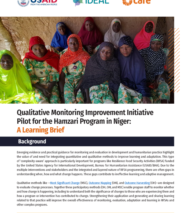 Cover page for Qualitative Monitoring Improvement Initiative Pilot for the Hamzari Program in Niger: A Learning Brief