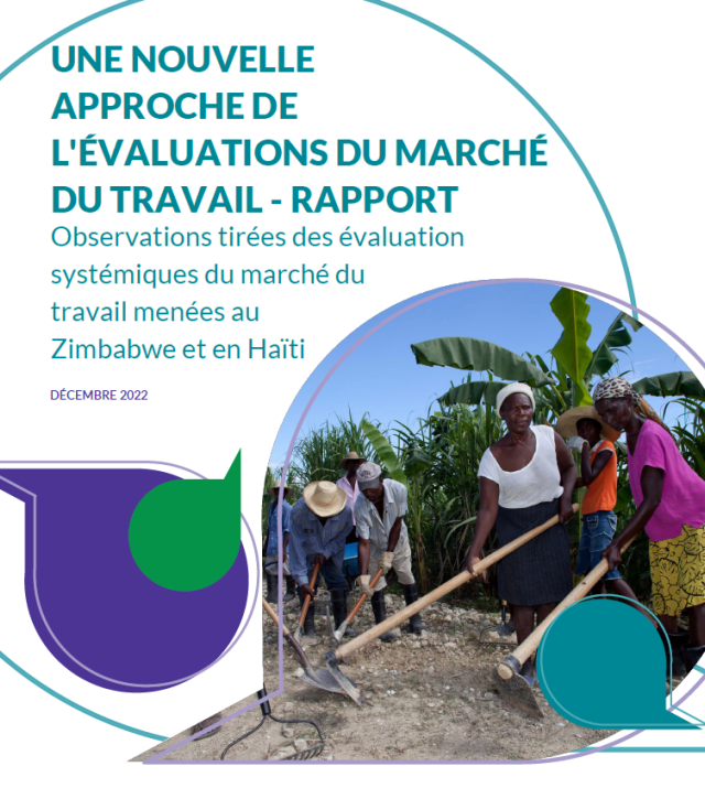 Page de couverture comprenant les logos de l'USAID et d'IDEAL, le titre du rapport et une photo montrant un groupe de participants au programme " Argent contre travail " en train de réhabiliter une route dans leur communauté en Haïti. Un groupe d'hommes et de femmes utilisent des pelles, des pioches et d'autres outils pour réparer une route rocailleuse. Le titre du rapport est : Une nouvelle approche de l'evaluation du marche du travail- Rapport"