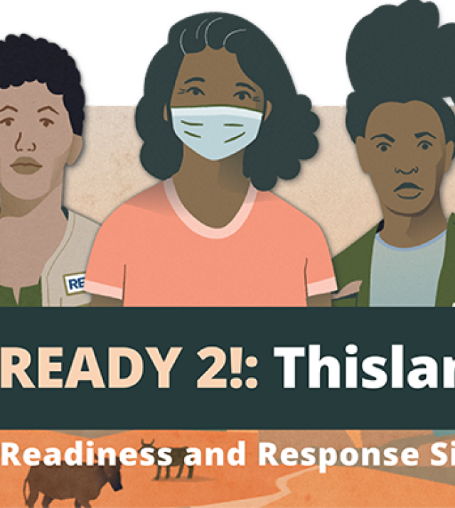 Illustration of five people standing in a line with the text "Outbreak READY 2!: Thisland in Crisis" along the lower third