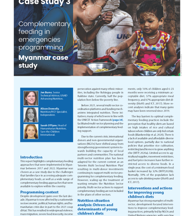 Cover page for Complementary Feeding in Emergency Programming: Myanmar