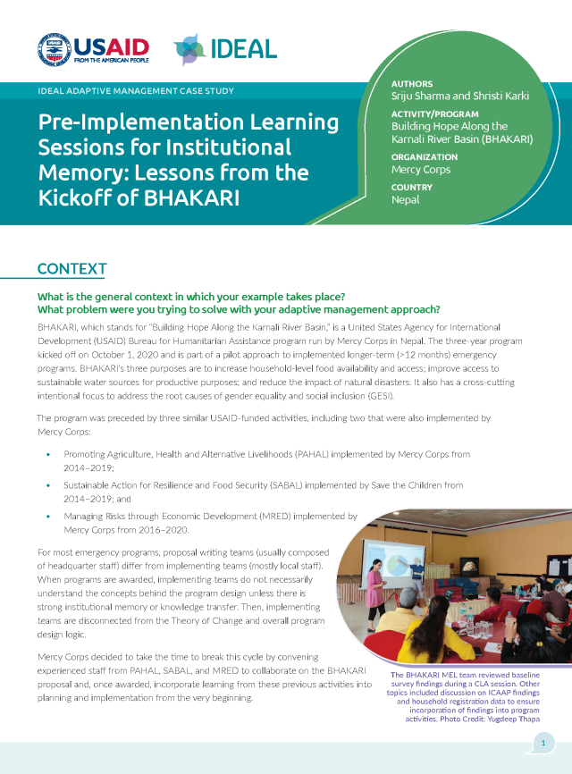Cover page of Pre-Implementation Learning Sessions for Institutional Memory: Lessons from the Kickoff of BHAKARI document