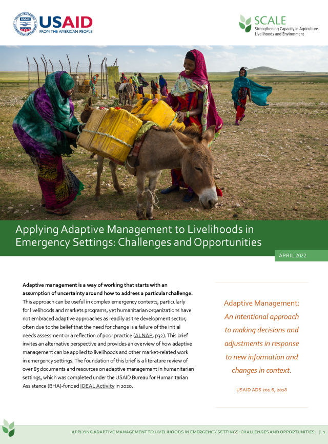 Cover page for Applying Adaptive Management to Livelihoods in Emergency Settings: Challenges and Opportunities