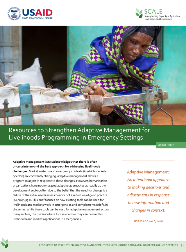 Page de couverture des ressources pour renforcer la gestion adaptative des programmes de subsistance dans les situations d'urgence