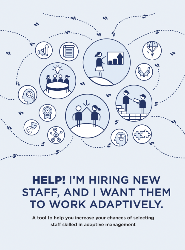 Images circulaires de personnes et symboles de communication. Le texte en bas indique : Help ! J'embauche de nouveaux employés et je veux qu'ils travaillent de manière adaptative.