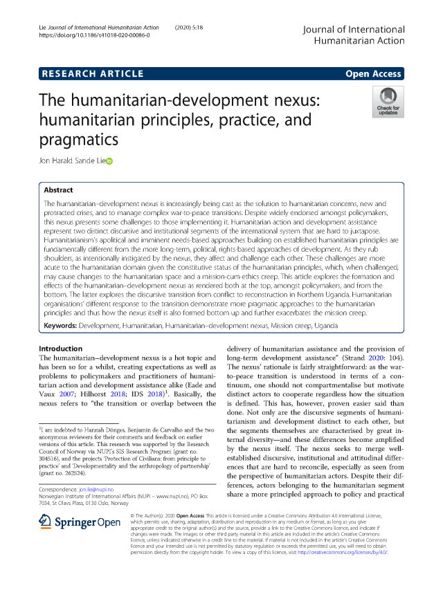 Page de couverture de Le lien entre l’humanitaire et le développement : principes, pratiques et pragmatiques humanitaires