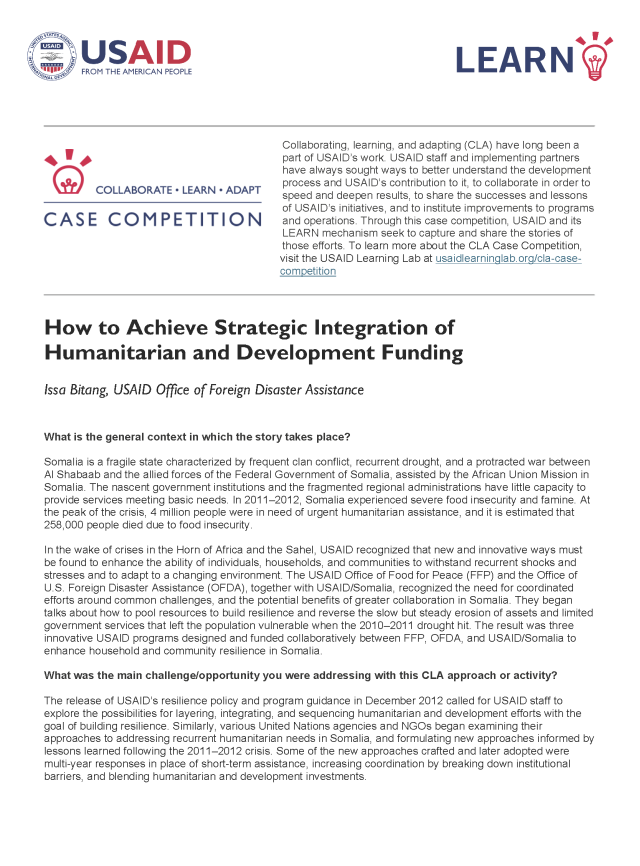 Cover page for How to Achieve Strategic Integration of Humanitarian and Development Funding