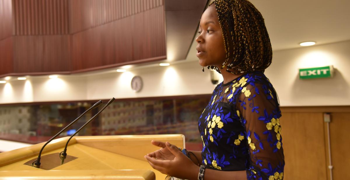 Vanessa, 19, from the Democratic Republic of Congo, speaks at the UN Centre in in Addis Ababa