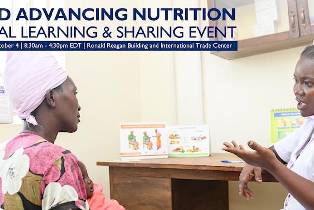 Promotional graphic for USAID Advancing Nutrition Global Learning and Sharing Event featuring two women in discussion.