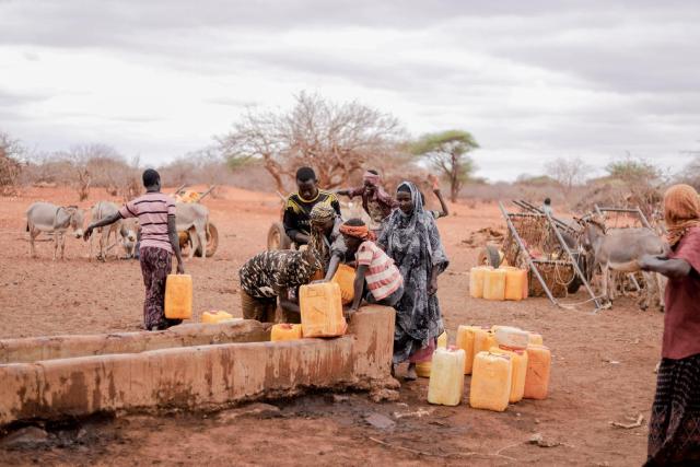 A group of people collect water from a trough using yellow bidons.