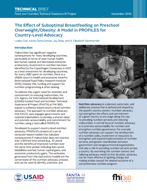 Télécharger la ressource : L'effet de l'allaitement maternel sous-optimal sur le surpoids/l'obésité préscolaire : un modèle dans PROFILES pour le plaidoyer au niveau national